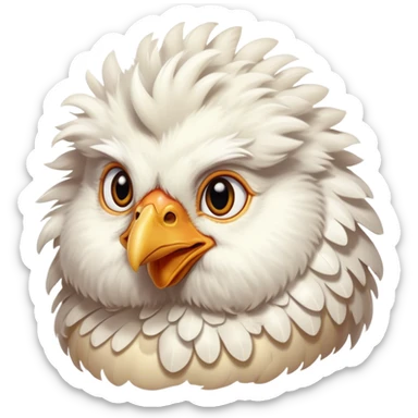 Cinematic Adorable Fluffy White Chicken Portrait Emoji, Standing proudly with soft, ruffled white feathers, round and plump with a gentle expression, bright and curious eyes, slightly puffed chest, detailed texture with a soft glow, high shine, warm and friendly, stylized with a charming simplicity, bright and endearing, soft glowing outline, capturing the essence of a cheerful farmyard companion, so lively it feels like it could cluck and strut at any moment! sticker