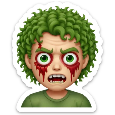 Zombie apple Memoji curly hair boy with growling face with one open and stich under eye  sticker