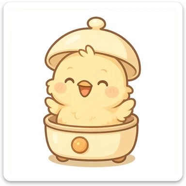 chibi style soft fluffy chick popping out of an egg cooker lid, smiling brightly, soft yellow palette, full-body sticker