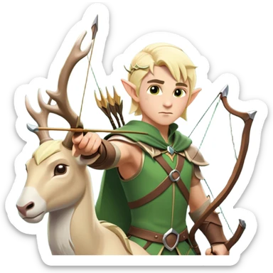 clash-of-clans-aesthetic-blond-male elf-archer-portrait-emoji, rendered in a flat, vector-style with minimal shading and bold holding his bow, simplified shapes, head tilted slightly forward with a determined, focused expression, riding a majestic white stag whose antlers glow with mystical energy, set against an ancient, enchanted forest backdrop. sticker
