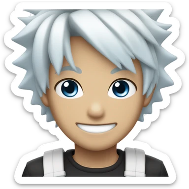 Young Japanese man smiling, With sky blue eyes, white spiky hair, and black bandage on the eyes sticker