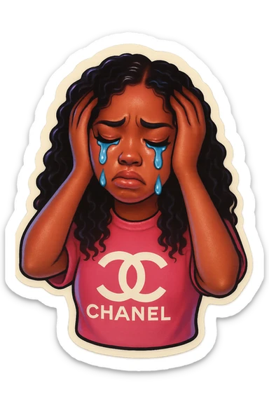 Crying Tears rolling down face 
Mouth Pout
hands on head 
pink chanel shirt 
head down
 sticker