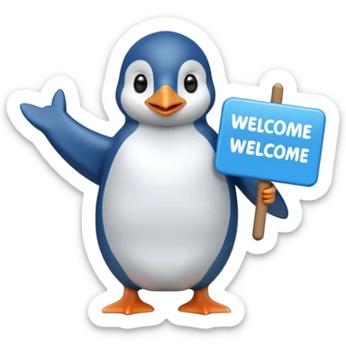 Blue penguin that holds very big welcome sign sticker