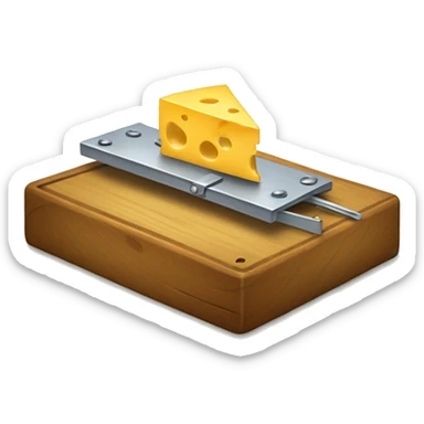 A mousetrap with a piece of cheese on it. The mousetrap should be classic wooden style, with the cheese placed on the trigger mechanism. The cheese should be a small, yellow wedge. sticker