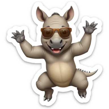 friendly anthropomorphised rhino jumping with excitement, wearing dark sunglasses, standard pose sticker