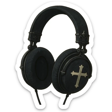 black gothic headphones with soft shading, cross motifs, velvet texture, ghibli style sticker