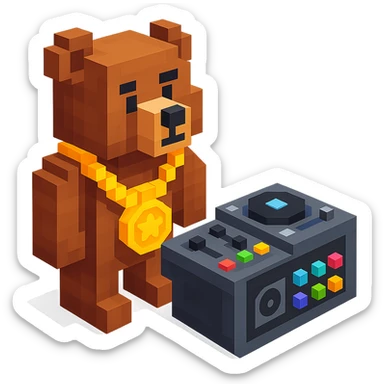 Russian grizzly bear wearing a rapper chain and standing next to a DJ setup sticker