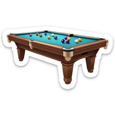 A well-arranged pool table with colorful billiard balls neatly placed, and a cue stick poised to take a shot. The setting is a dimly lit room with a focused atmosphere, highlighting the precision and strategy involved in the game of billiards. sticker