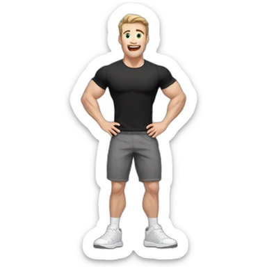 amazed Open with surprise mouth Pale skinned Fit Man With the biceps and dark brown hair in black shirt, gray sports shorts and white Sneakers sticker
