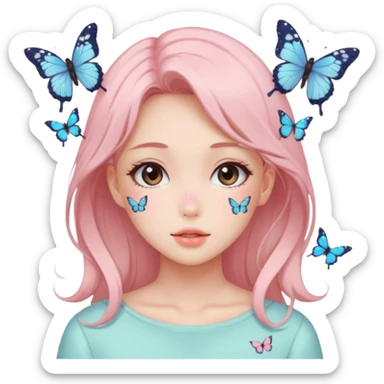 Gorgeous pastel anime style lady with blushing face and butterflies aesthetic trending style sticker