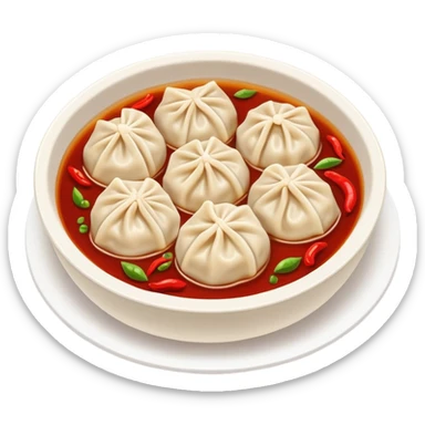Chongqing Zhong Dumplings with red chili oil sauce, simplified emoji style with bold outlines and bright colors, cartoon style Sichuan spicy boiled dumplings sticker