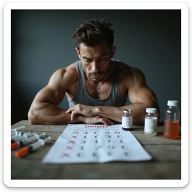 novice bodybuilder risking big due to dosage errors, surrounded by syringes and bottles, chart with wrong doses and danger signs, anxious expression, tense atmosphere, realistic details, isolated on white background, 4K quality sticker