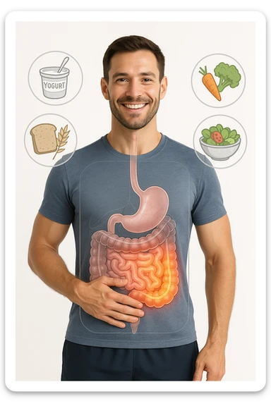 a fit, smiling man stands confidently with one hand on his abdomen. A transparent overlay reveals a healthy, detailed digestive tract with a glowing, vibrant intestine. Around him, icons of healthy foods like yogurt, vegetables, and whole grains float, symbolizing good gut health. The background is clean and bright, with an educational mood. sticker