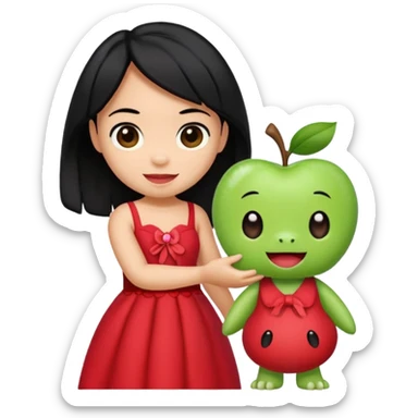 Lilo from Lilo & Stitch as an apple style emoji, happy, holding Scrump doll, red dress, black hair sticker