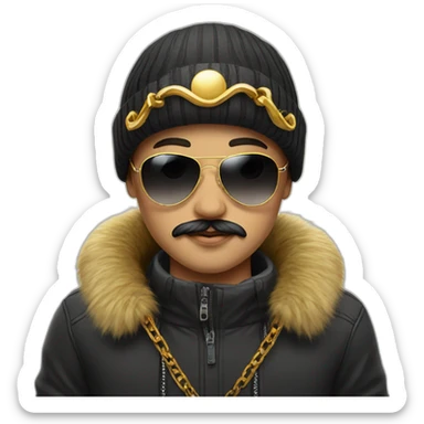A boy with moustache , black sunglasses and wearing golden chain in neck and a winter cap potrait  sticker