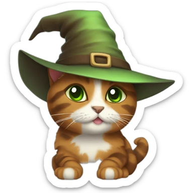 brown calico cat with brown face and green eyes with witch hat on sticker