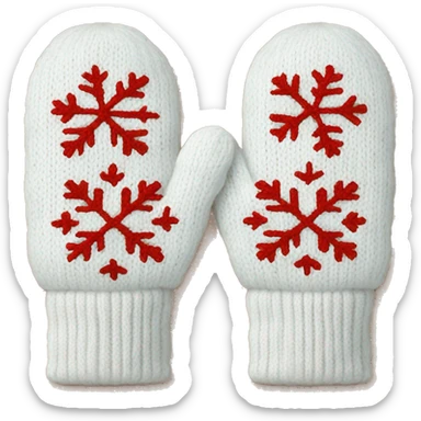A pair of cozy knitted white mittens with a snowflake design sticker
