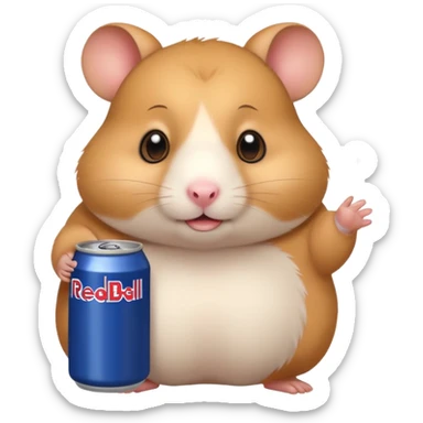 Funny cartoon-style fat hamster wide eyed with a can of redbull sticker