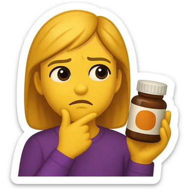 DONNA STILE EMOJI IPHONE DI UNA DONNA CON BOCCETTA DI INTEGRATORE IN MANO ED ESPRESSIONE DUBBIOSA, 4K sticker