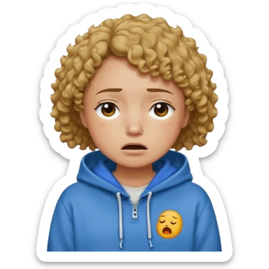 person in normal clothes crying, short curly hair, wearing a hoodie sticker