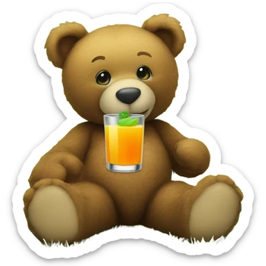 A Teddy bear holding a glass of juice sitting on a patch of green grass sticker