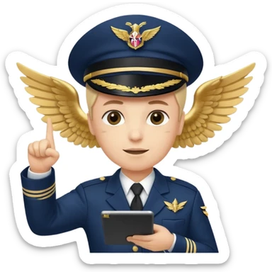 Slack-style emoji of a pilot wearing a navy captain hat with gold wings, pointing at a tablet or checklist with one hand, other hand ready or slightly raised, confident and attentive expression sticker