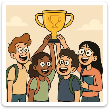 quatre jeunes étudiants, diversité visible, lèvent un trophée au-dessus de leur tête, style flat design, couleurs vives sticker