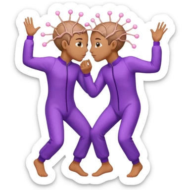 Last two brain cells dancing looking weird and kissing. not iphone emoji style. they wear purple jumpsuits sticker