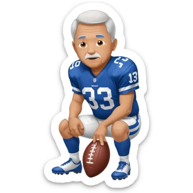 A grandpa playing football wearing an Indianapolis Colts jersey is. Show him kind of crouch down to the ground, holding the football and show  back of his jersey. sticker
