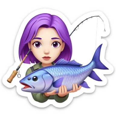 Young alternative woman with purple hair fishing a big fish sticker