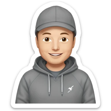 elon musk in gray hoodie full height, wear hoodie hat, happy sticker