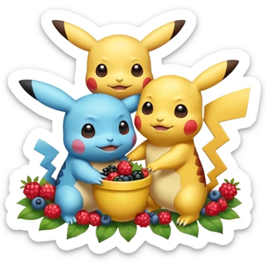 Two Pokémon are playing in a field. Pikachu has many berries, but Squirtle has none. Pikachu sees this is unfair, so he shares the berries with Squirtle. They smile and eat together. Show this as a cute Pokémon emoji scene about justice and fairness. sticker
