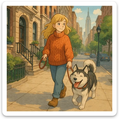 Cute Blonde woman wearing a sweater walking a happy Siberian husky in New York City on an upper east side city sidewalk  sticker