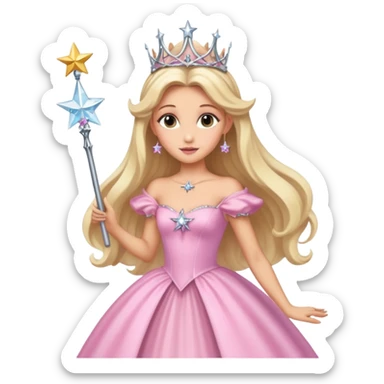 glinda the good witch from wicked movie (ariana) blonde hair, beautiful, big silver thin tiara, star wand, pink gown sticker