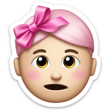 Shy emoji w/ hand above mouth with a pink ribbon on the side of his head  sticker