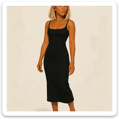 Asian woman with tanned skin tone, mid-length blonde hair, wearing a fitted black dress, full body, neutral background, modern illustration style sticker