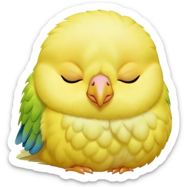 Meme-Worthy Cute Sleeping Yellow Budgie Portrait Emoji, Head resting peacefully with a contented smile, showcasing a petite, delicate build and a luxuriously soft yellow feathered fur, eyes shut in a serene nap, Simplified yet hilariously adorable features, highly detailed, glowing with a soft, drowsy light, high shine, relaxed and utterly lovable, stylized with an air of playful laziness, bright and heartwarming, soft glowing outline, capturing the essence of a comically sleepy budgie, so meme-worthy it feels like it could instantly become the next viral sensation of adorable slumber! sticker
