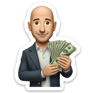 Jeff bezos holding stacl of cash in both his hands sticker
