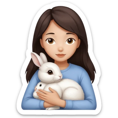 A young Asian woman with dark brown, almost Asian girl with dark brown hair, brown eyes, light Asian skin, hugging a white rabbit with light brown spots, soft and warm atmosphere.
  sticker