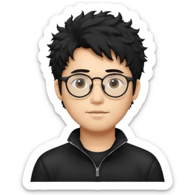 Make an Asian male with black fluffy messy hair wearing a black quarter zip and glasses sticker