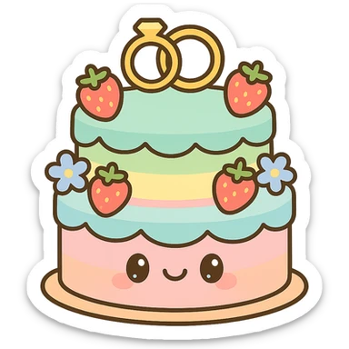 pastel rainbow wedding cake with strawberries, pastel blue flowers, gold ring topper, kawaii style sticker