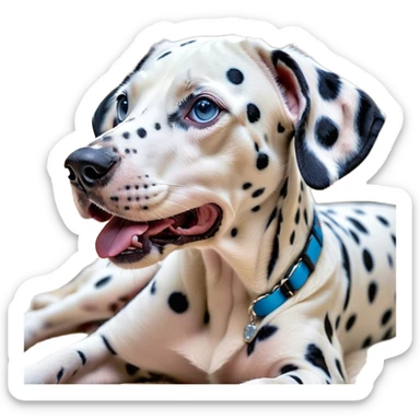 Cinematic Cute Yawning Spotted Dalmatian Portrait Emoji, Head tilted slightly with a dramatic, wide-open yawn, showcasing a smooth Fur of predominantly white with bold black patches, floppy ears slightly drooping, round blue eyes barely open in drowsy contentment, Simplified yet irresistibly adorable features, highly detailed, glowing with a soft, cozy glow, high shine, relaxed yet expressive, stylized with a touch of whimsy, bright and endearing, soft glowing outline, capturing the essence of a sleepy yet affectionate guardian, so drowsy it feels like it could stretch out of the screen and curl up for a nap! sticker