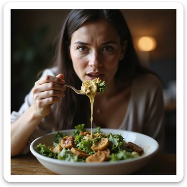 realistic hyper-detailed 4K image of a woman eating a seemingly light salad but dressed with abundant oil and sauces, with a convinced expression of eating little, realistic atmosphere sticker