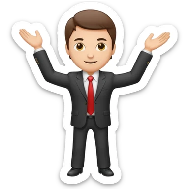 Sticker of a man in a business suit, front view, arms extended forward, friendly expression, clean cartoon style, bold outlines, minimal background, emoji sticker style sticker