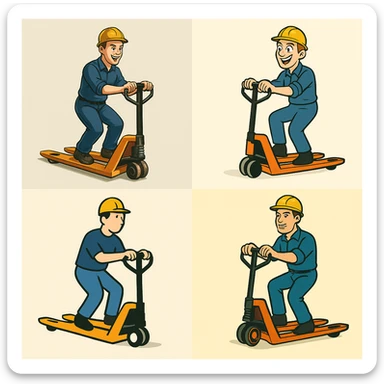 a person riding on a pallet truck, in four distinct styles sticker