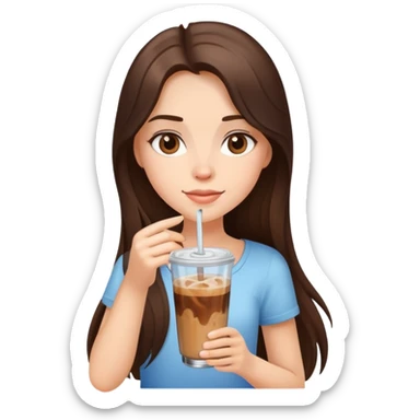 Brunette girl with long hair holding a glass with iced coffee in it  sticker