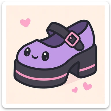 Make the BLACKPINK-inspired gothic shoes primarily purple with black and pink accents, cute and stylish, kawaii style, no socks, no hearts. sticker