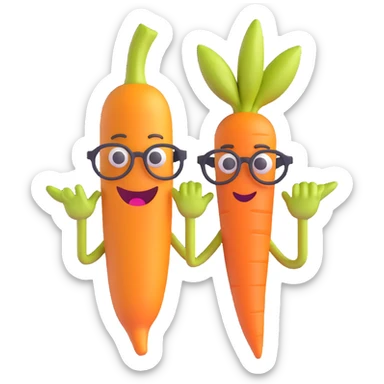 funny icon for archived groceries, shriveled banana and carrot together, both with canes and spectacles, goofy expressions, 3D emoji style, white background sticker