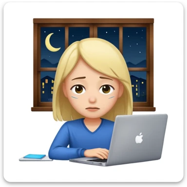 tired student with laptop, window at night behind, drooping eyelids sticker