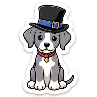 Great Dane puppy with a top hat sticker